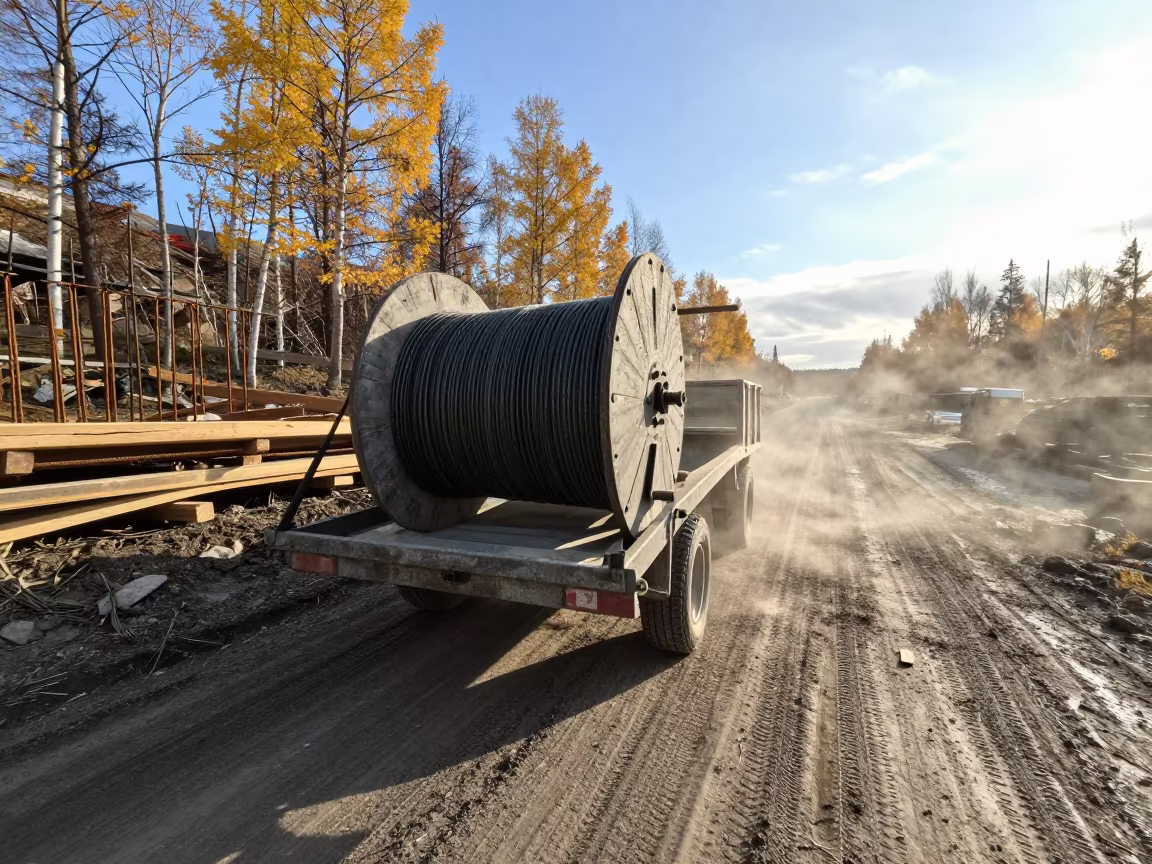Construction Spool Trailer Kamchatka Muddy Road in at a muddy site access road in Kamchatka