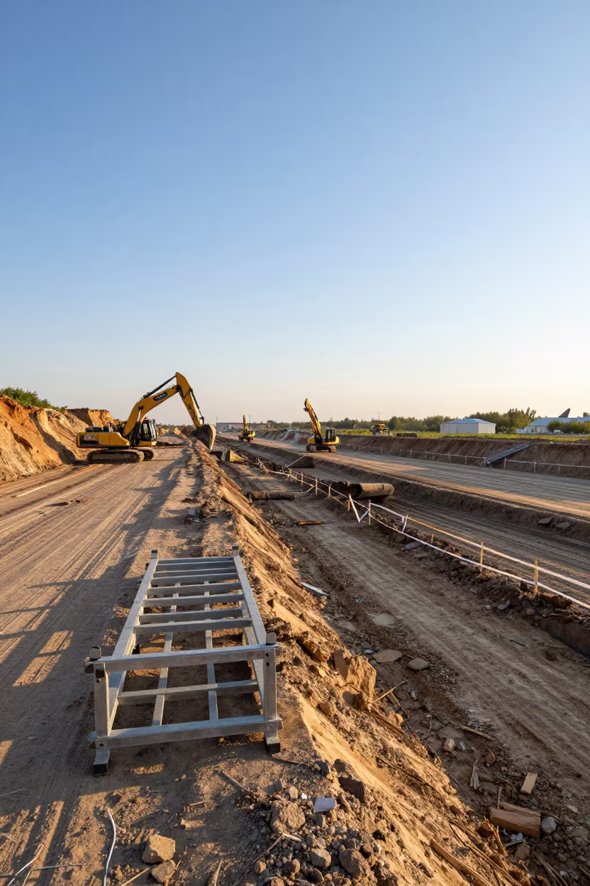 Construction Spray Rack at Almaty Excavation Edge in inside a taped-off excavation edge near Almaty