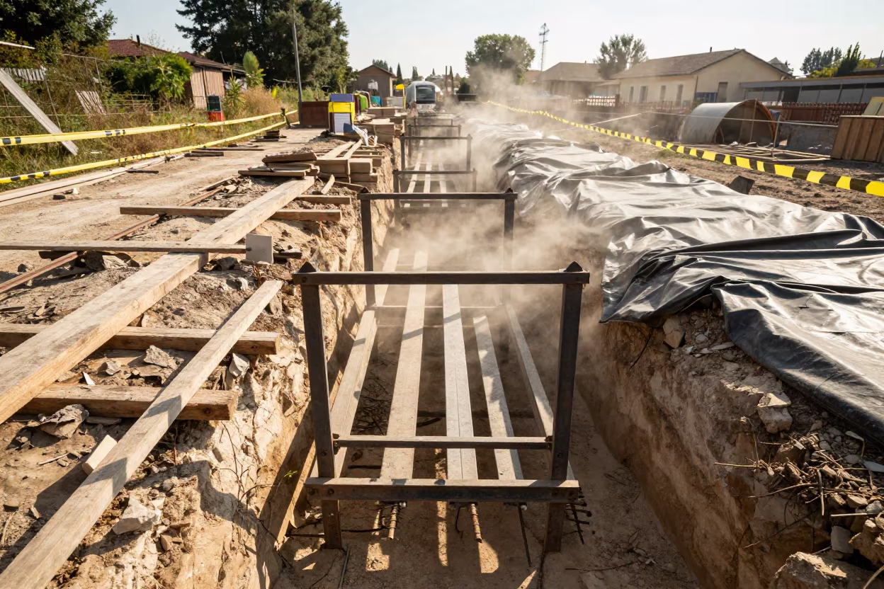 Construction Spray Rack Before Facade Work in inside a taped-off excavation edge in Lombardy