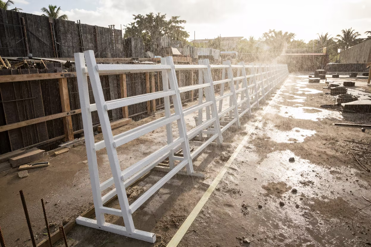 Construction Spray Rack at Belize Excavation Site in inside a taped-off excavation edge in Belize