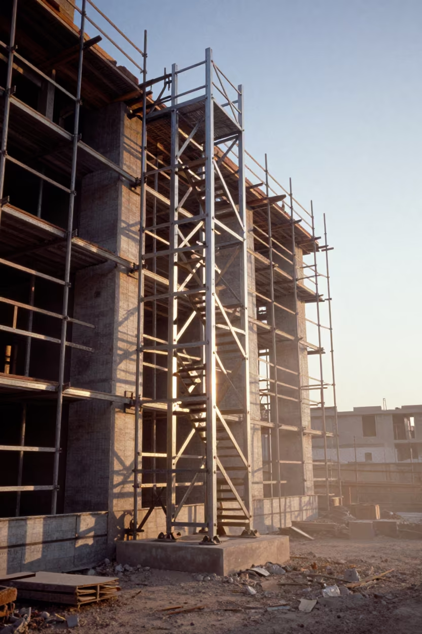 Construction Stair Tower in Aqaba Dawn Light in along a scaffolded facade in Aqaba