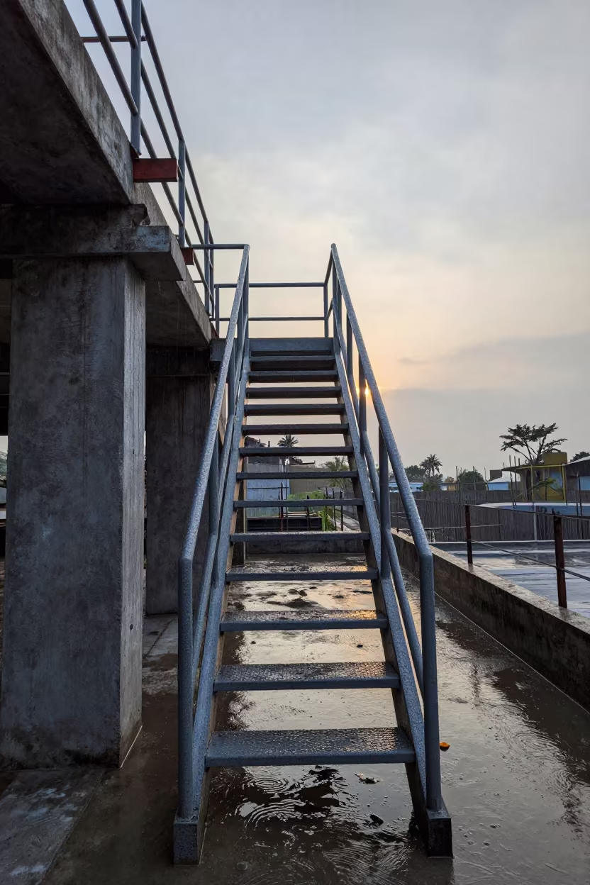 Construction Staircase Before Sunrise in Nicaragua Rain in on an active construction deck in Nicaragua
