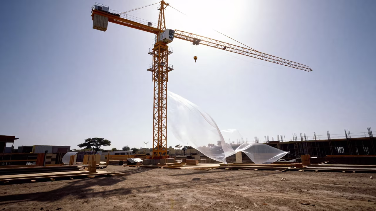 Construction String Lights Dust Steel Wood Rift Valley in beneath a tower crane on open ground in the Rift Valley