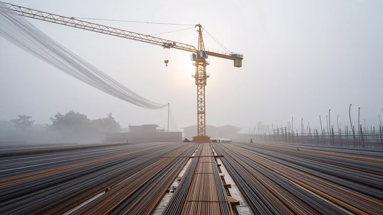 Construction String Lights Mist Rain Vietnam in beneath a tower crane on open ground in Vietnam