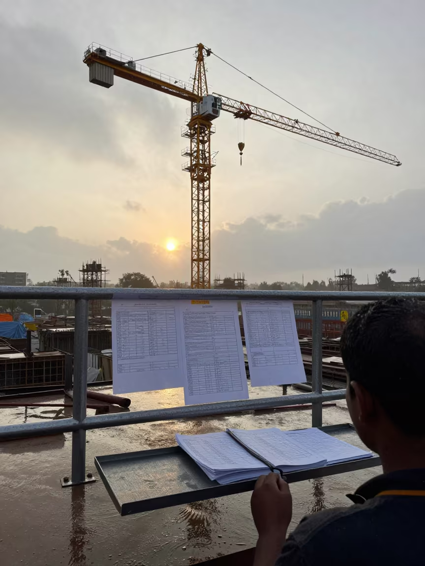 Construction Ticket Clip Rail Under Tower Crane Dawn in beneath a tower crane on open ground near Surat