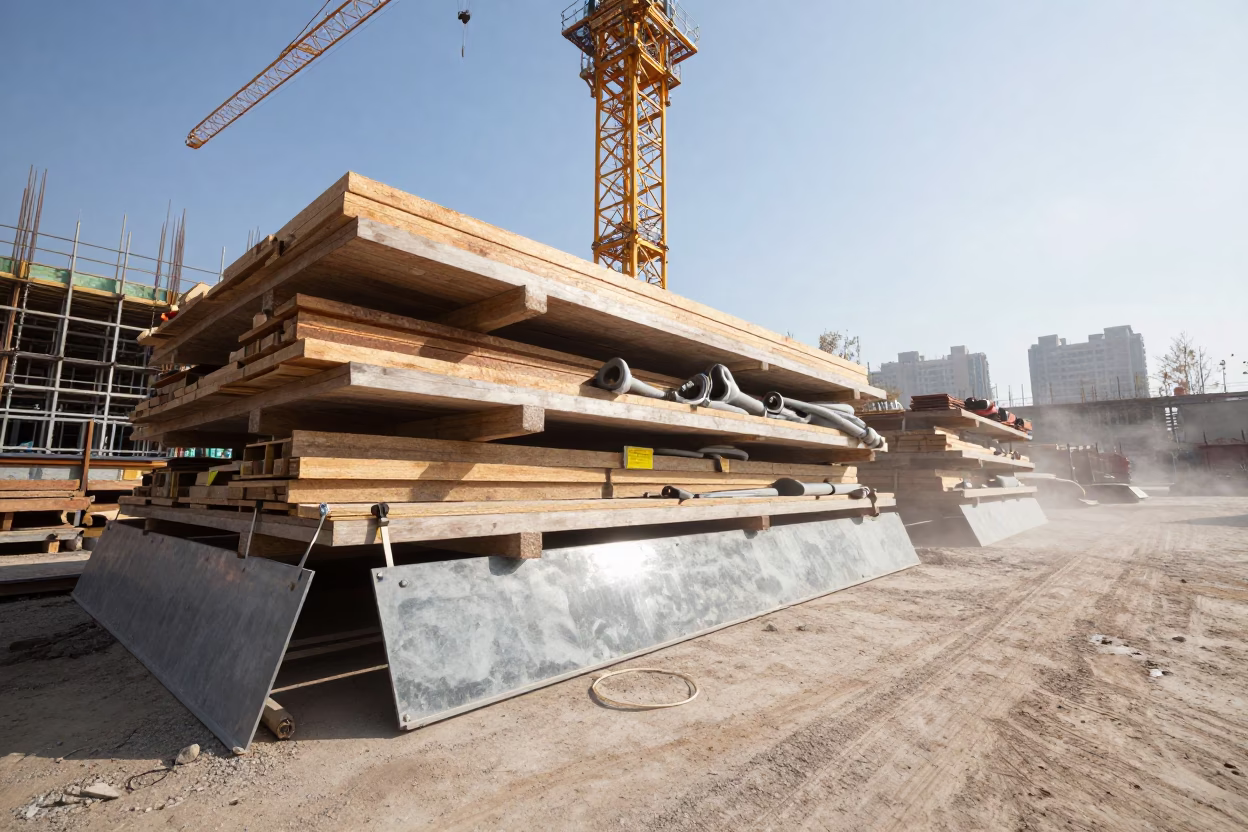 Construction Toe Board Stack Under Noon Light in Xian in beneath a tower crane on open ground in Xian