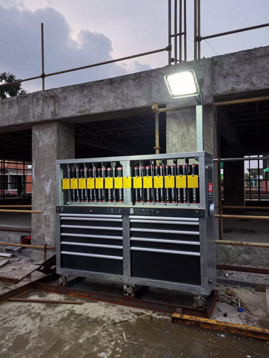 Construction Tool Charging Station on Scaffold in along a scaffolded facade in Ichalkaranji