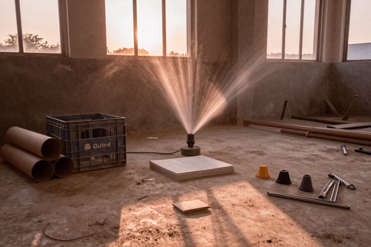 Construction Tools and Sprinkler Guards Under Warm Light in in a renovation zone under temporary light near Campinas