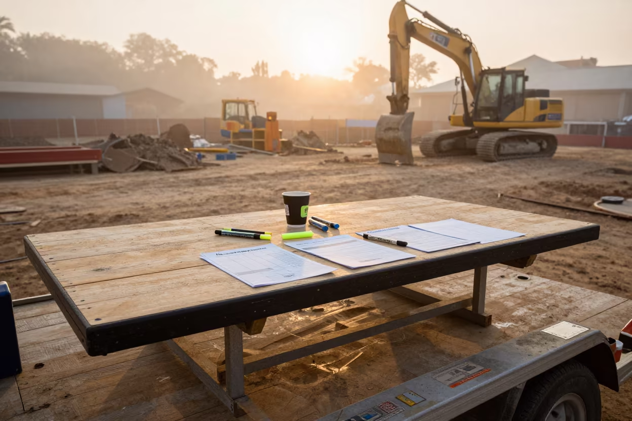 Construction Trailer Table With Coffee Rings and Schedules in on an active construction deck in Chad