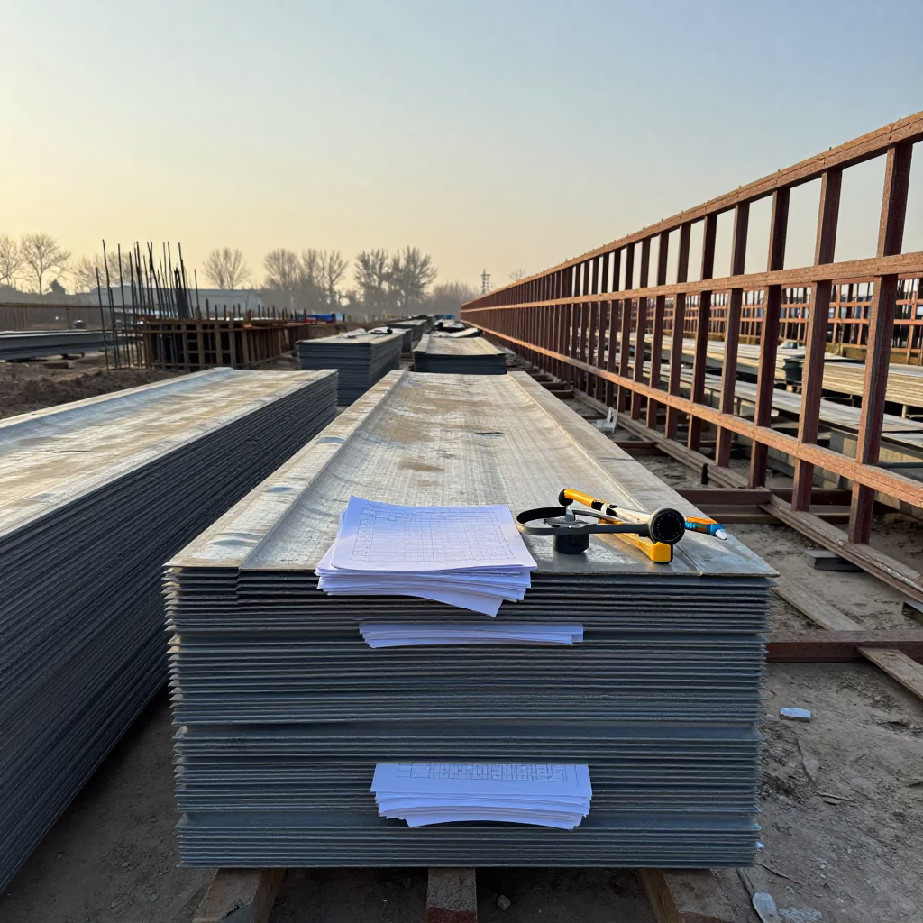 Construction trench plate stack at dawn in beside a framed building shell in Zhengzhou