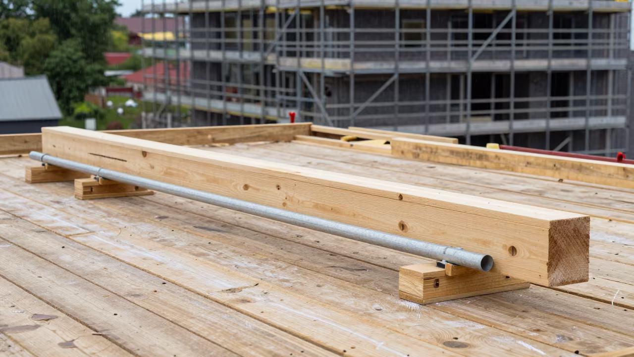 Construction Truss Delivery Bay Under Soft Rain Light in along a scaffolded facade in Kansas