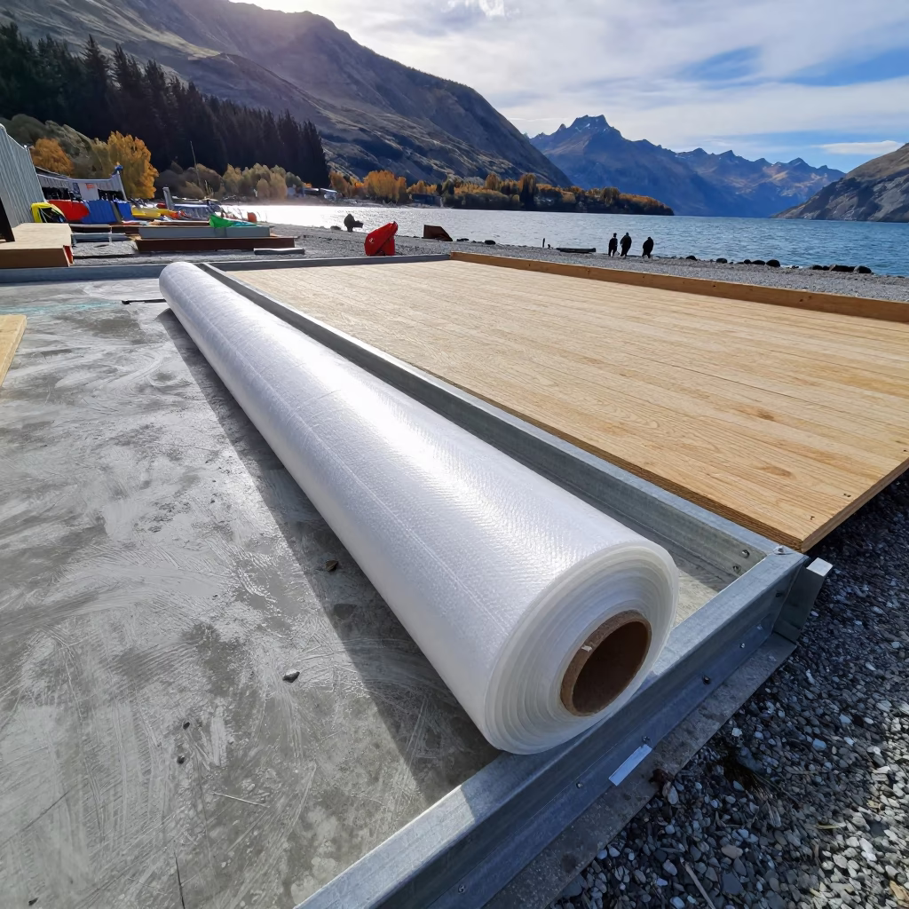 Construction Vapor Barrier Roll on Deck in on an active construction deck near Queenstown
