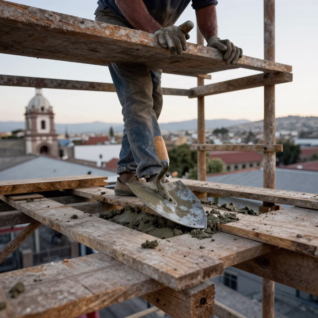 Construction Work in Quito Ecuador Early Afternoon Mason Trowel Wet Mortar Scaffold in in Quito, Ecuador