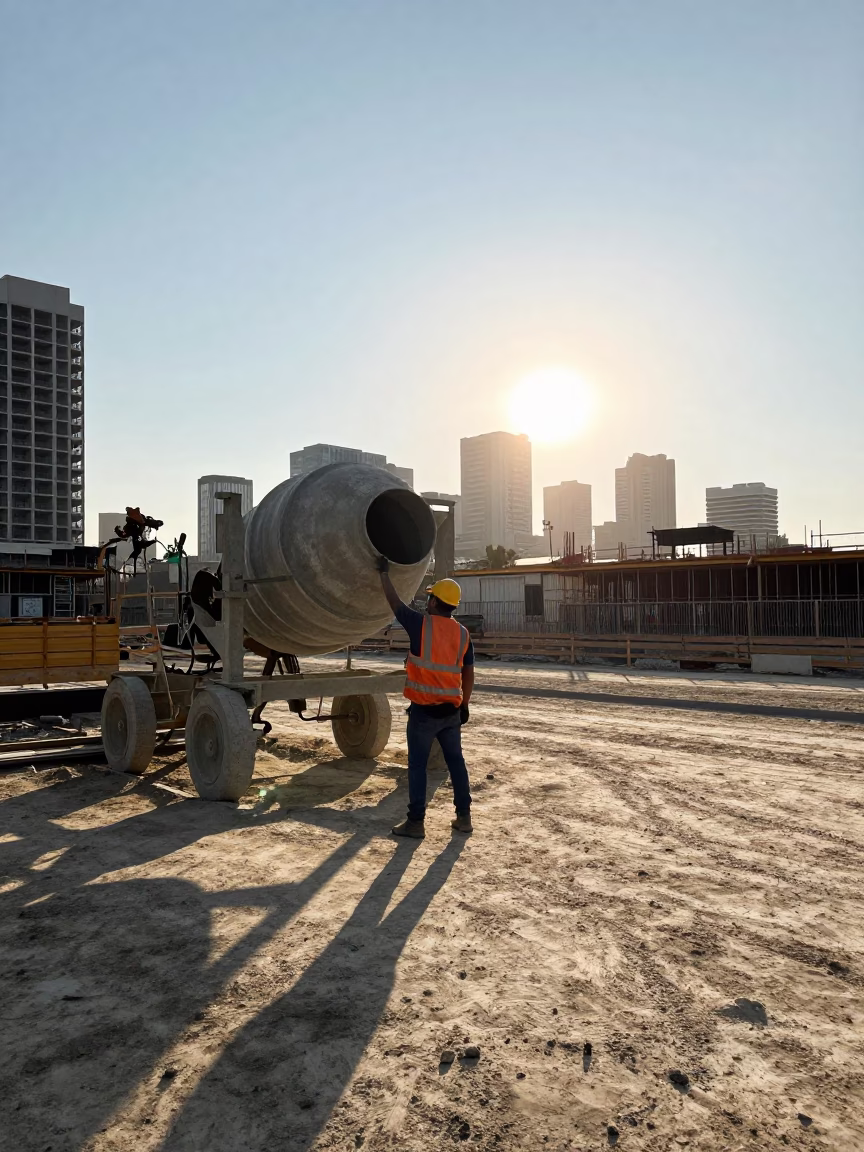 Construction Worker at As First Light Reaches The Scene in Los Angeles in in Los Angeles, California, United States