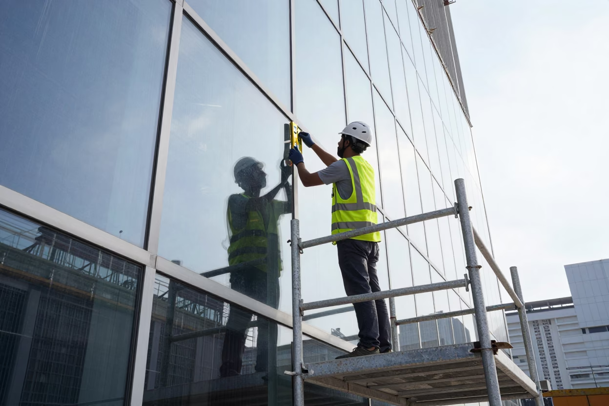 Construction Worker Using Spirit Level on Glass Facade in Late Morning Singapore in in Singapore, Singapore
