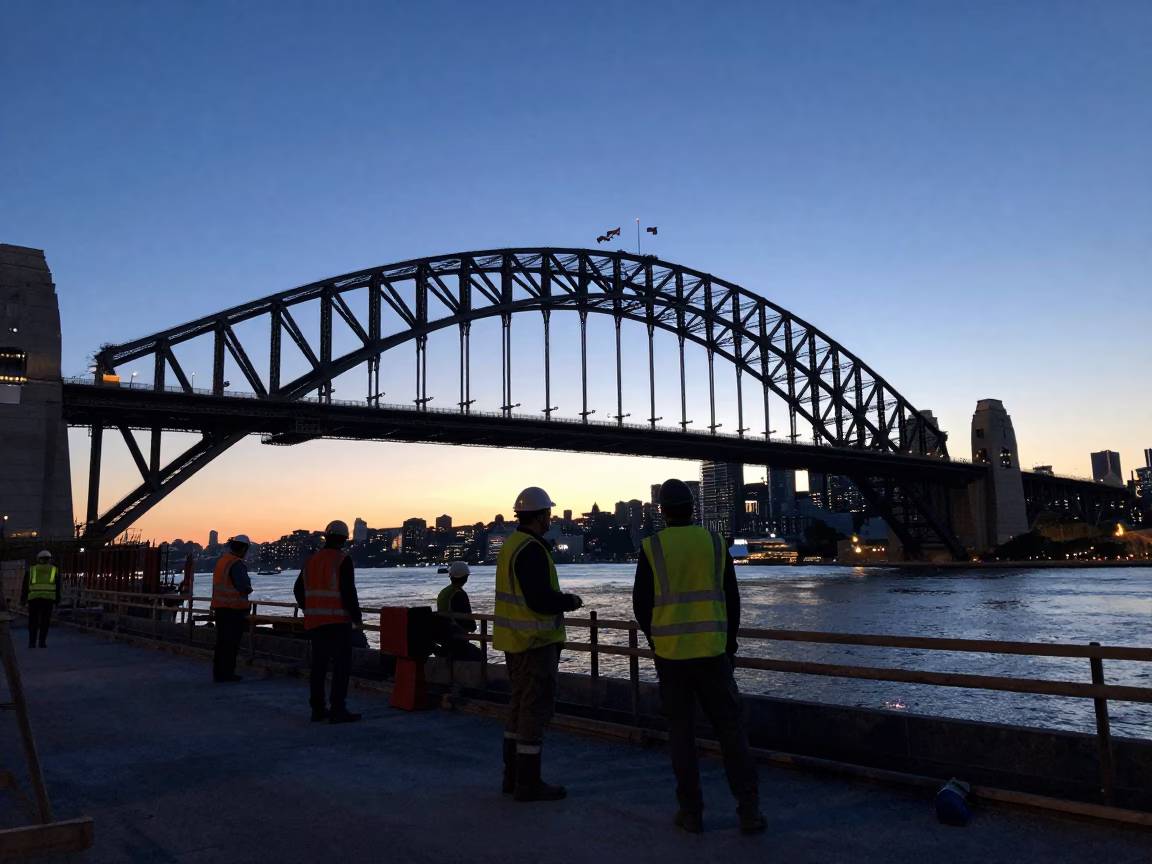 Construction Workers at The Still Hours Before Dawn Light in Sydney in in Sydney, New South Wales, Australia