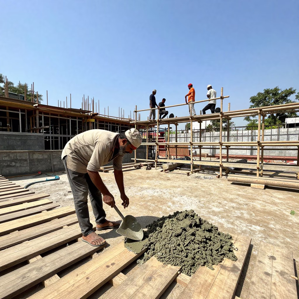 Construction Workers in Delhi at The Flat Glare Of Noon Light in in Delhi, India
