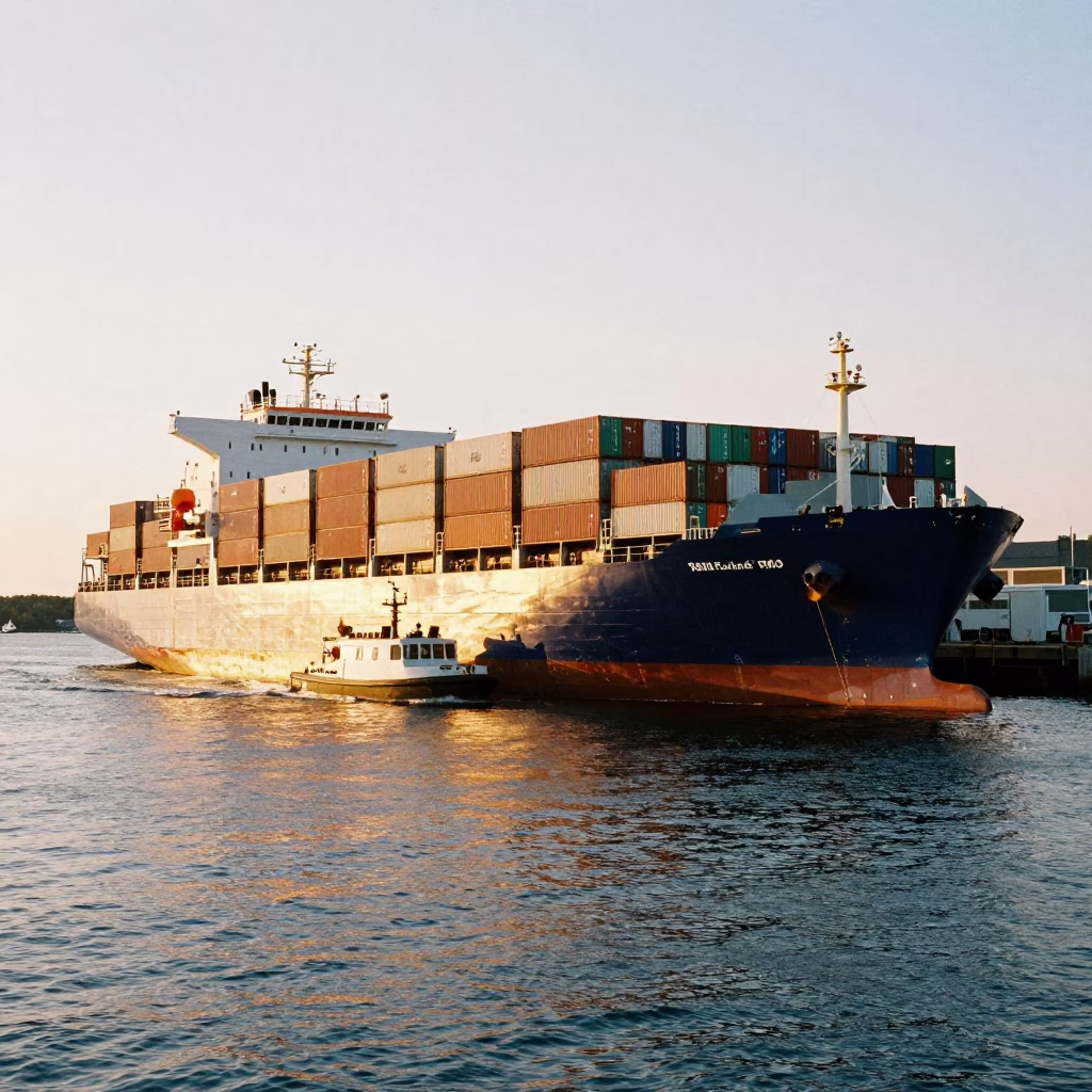 Container Ship in Halifax at Golden Hour in in Halifax, Nova Scotia, Canada