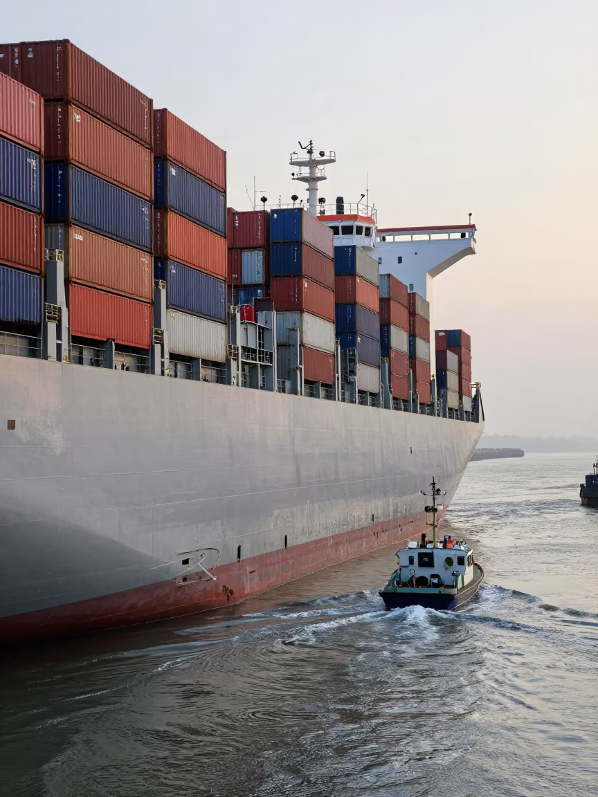Container Ship Pilot Boat Dawn Approach in along a switchback approach near Bo