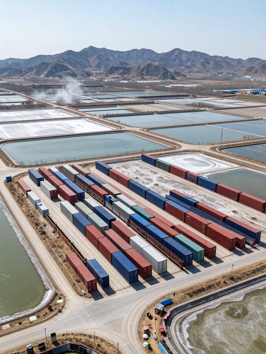 Containers Like Tiles Over Salt Ponds in high over salt ponds and causeways near Zhengzhou