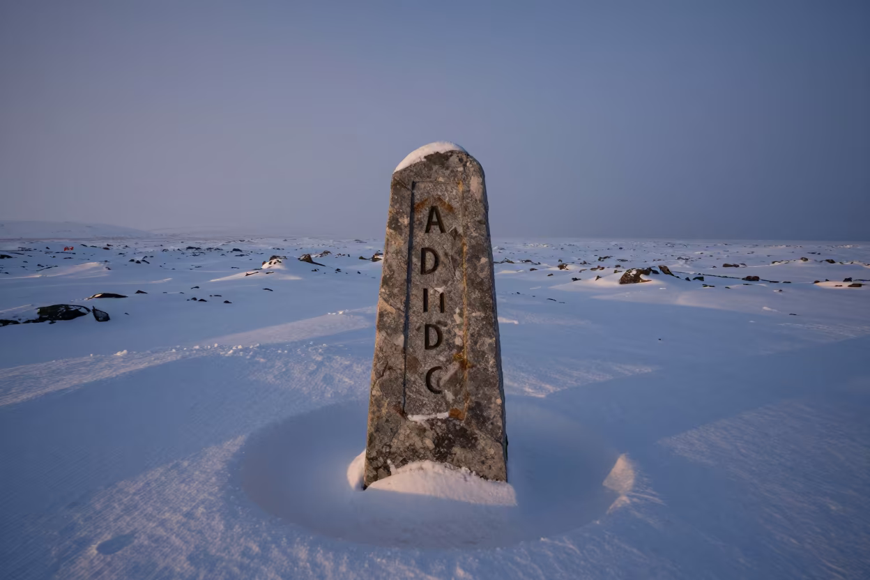 Continental Divide Marker in Lapland Snow in across a wide valley floor in Lapland