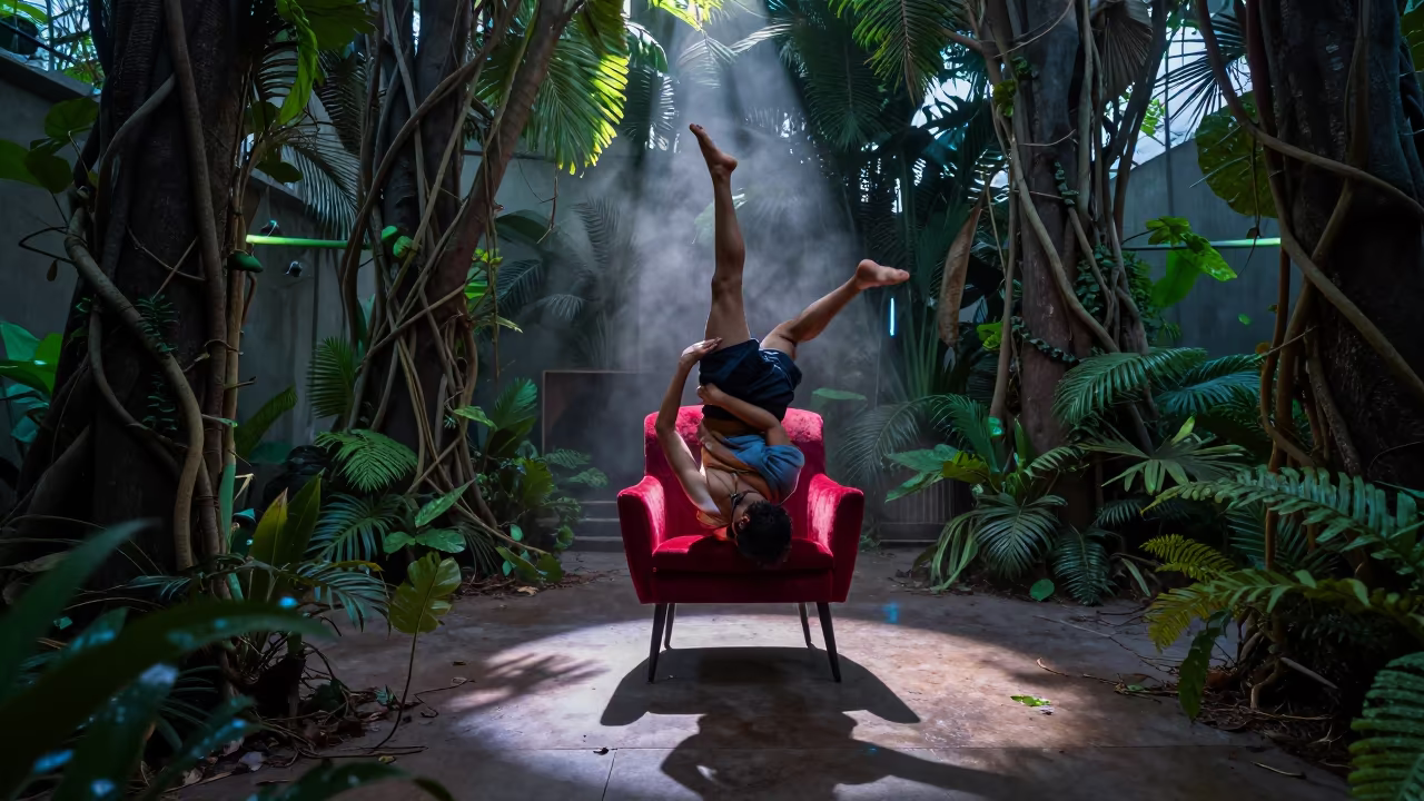 Contortionist in Neon Jungle Twilight Manaus in on a velvet chair in Manaus