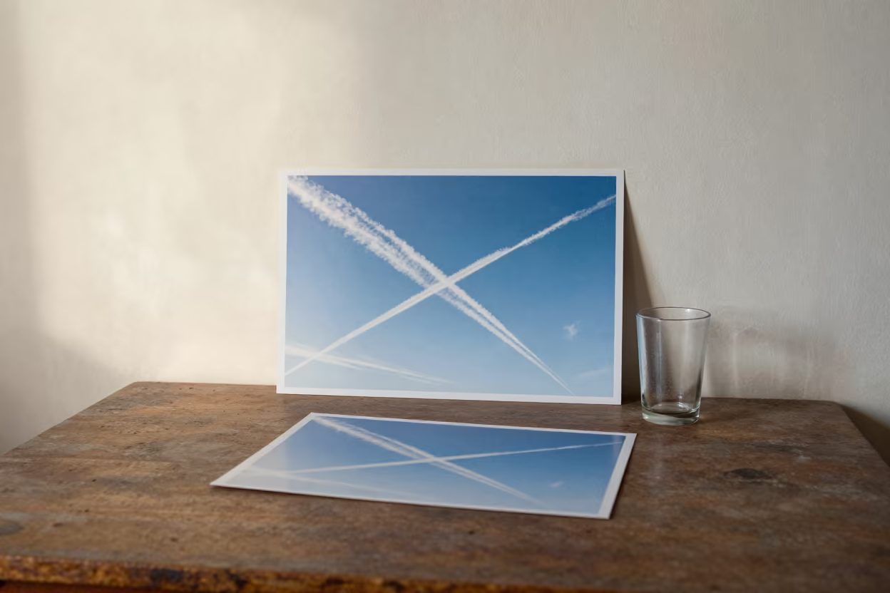 Contrails Over Blue Sky on Dusty Basra Table in on a dusty library table in Basra