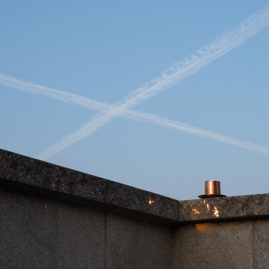Contrails Over Stone Ledge in Suzhou in on a stone ledge in Suzhou