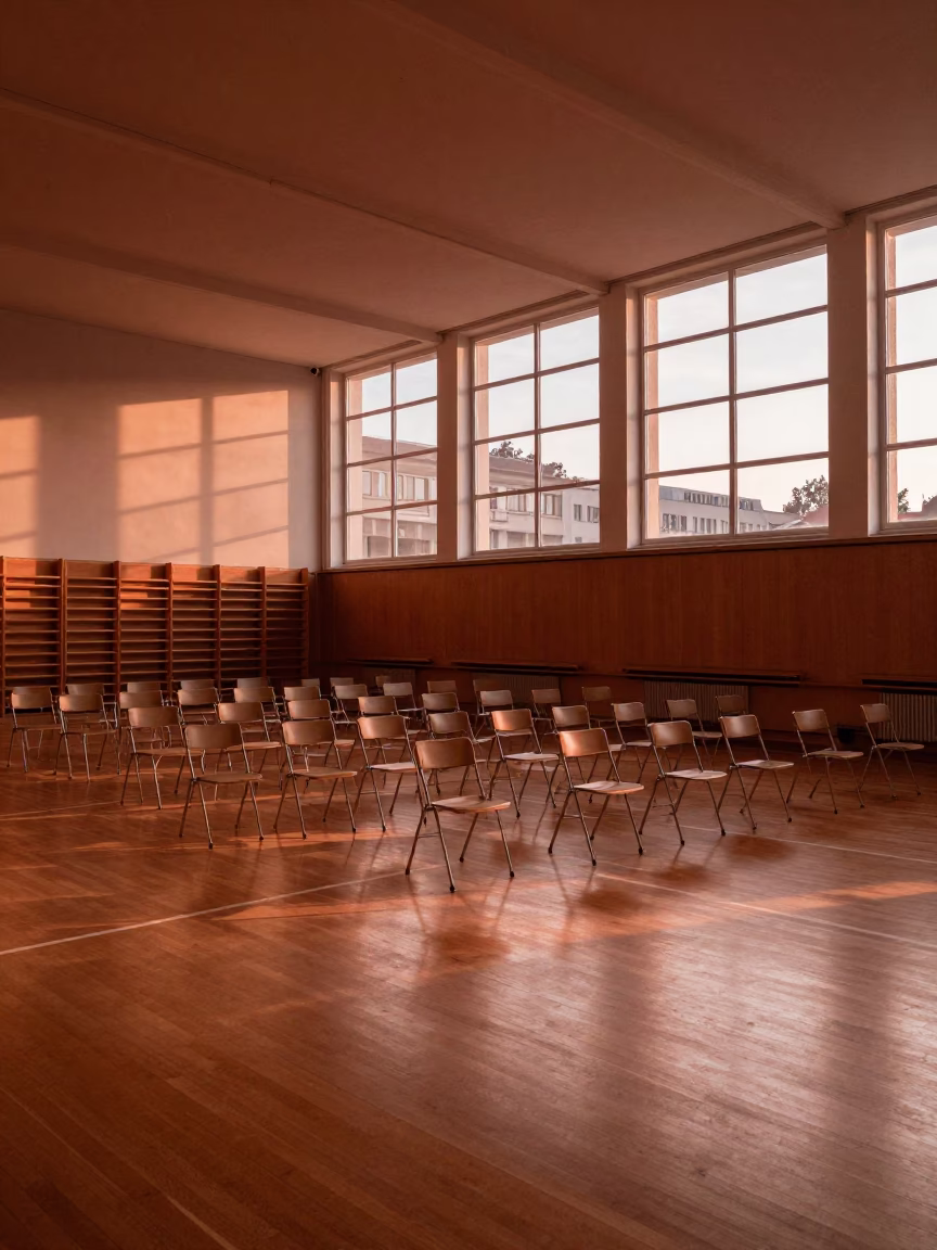 Converted School Gymnasium in Berlin at Copper-toned Light Before Dusk in in Berlin, Germany