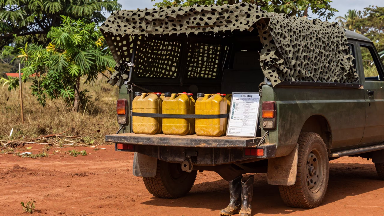 Convoy Halt Under Camo Net Zimbabwe Midday in beneath a camouflage net shelter in Zimbabwe