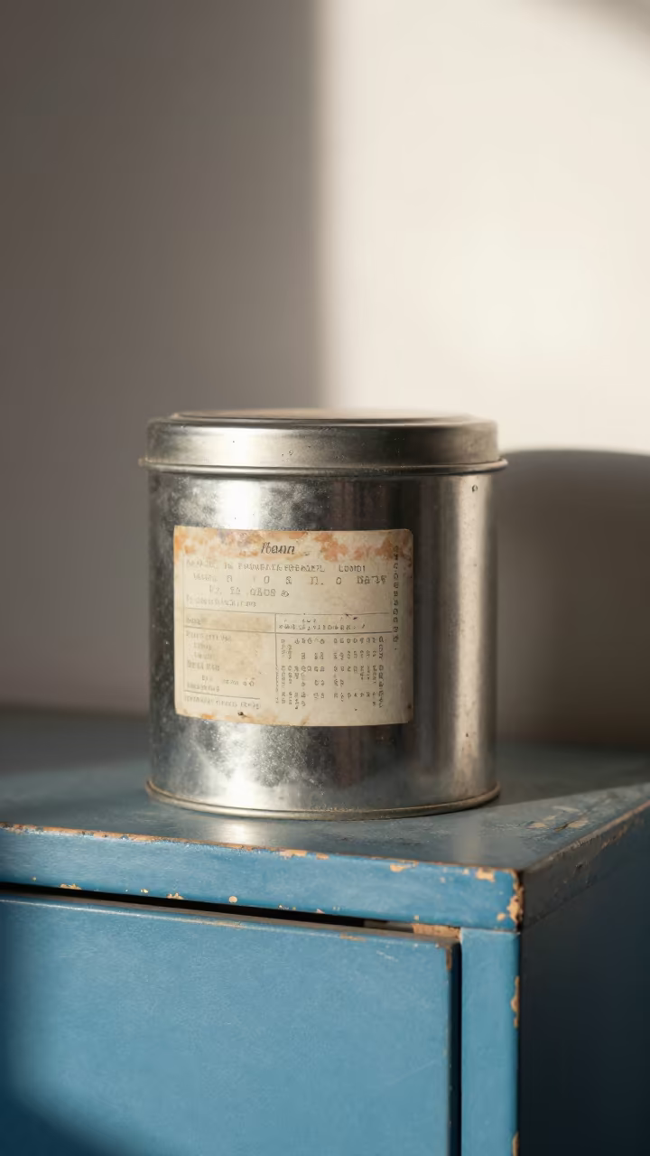 Cookie Tin on Chipped Cabinet in Irbid Winter in on a bedside table in Irbid