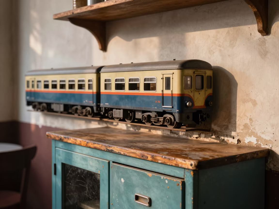 Cookie Tin Train Car Cafe Table Surat in on a cafe table by a window in Surat