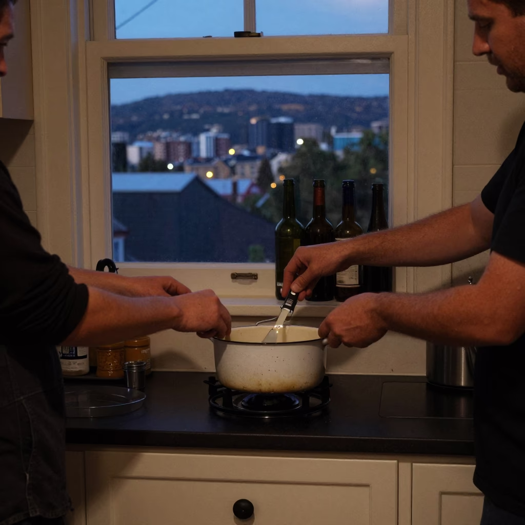 Cooking after dark in Hobart in in Hobart, Tasmania, Australia