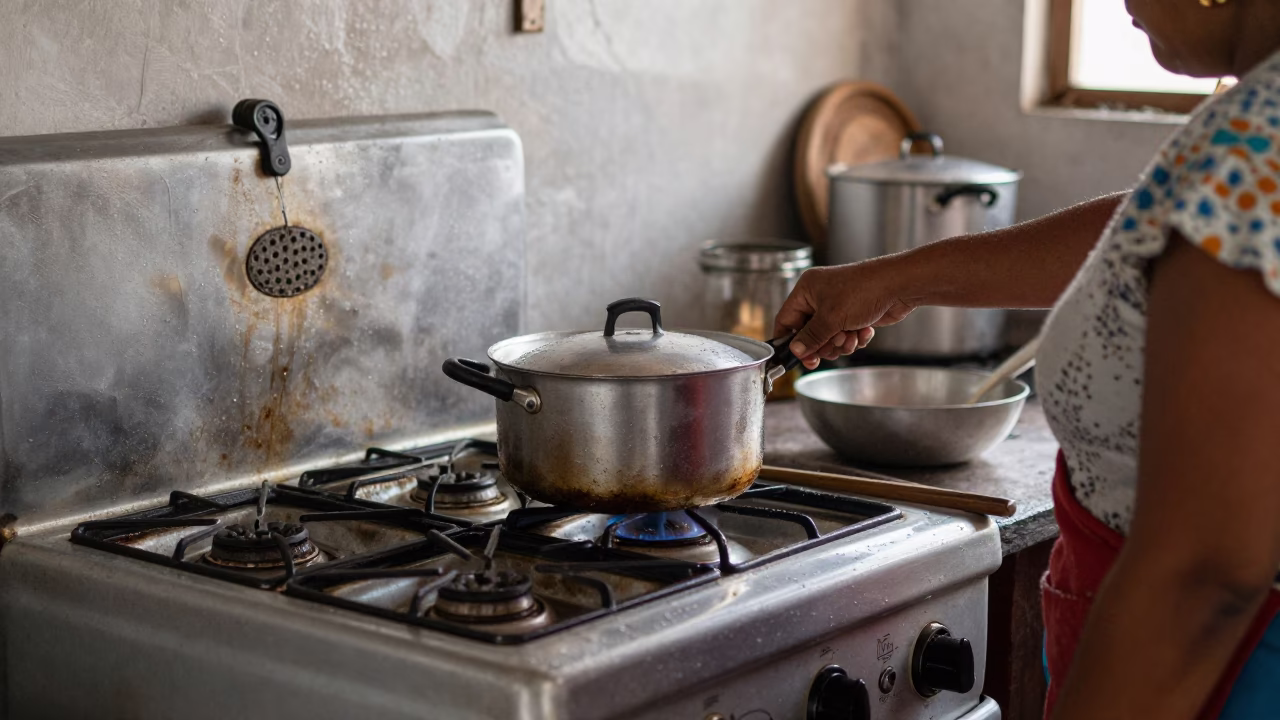 Cooking at Flat Noon Light in in Lima, Peru