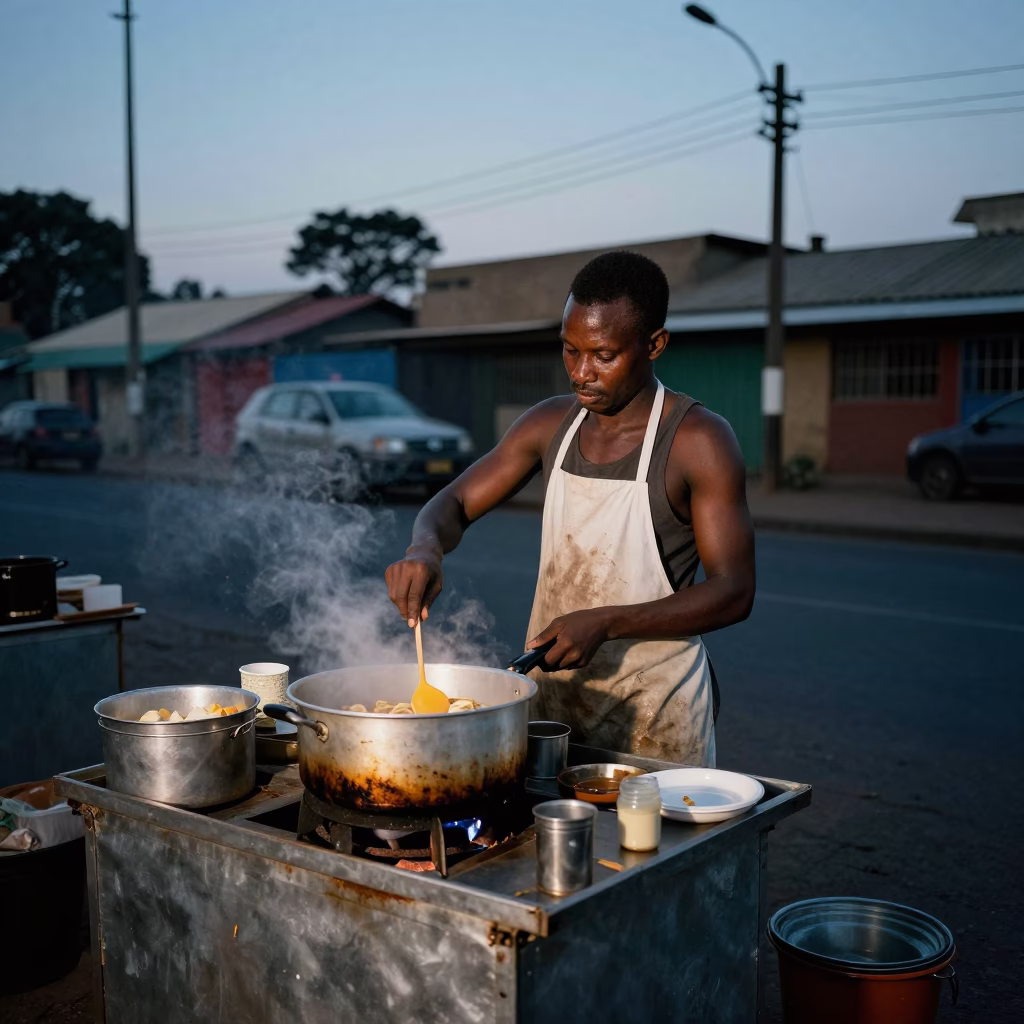 Cooking Breakfast in Johannesburg at The Predawn Darkness Light in in Johannesburg, South Africa