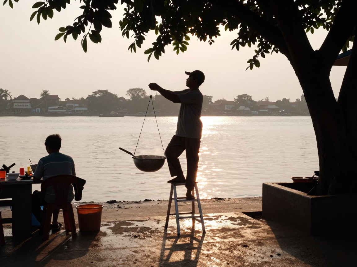 Cooking Breakfast in Phnom Penh at First Light Of Dawn in in Phnom Penh, Cambodia