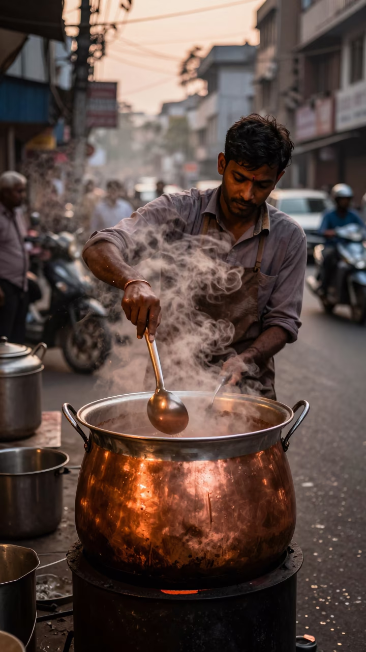 Cooking Chai in Delhi at Copper-toned Light Before Dusk in in Delhi, India