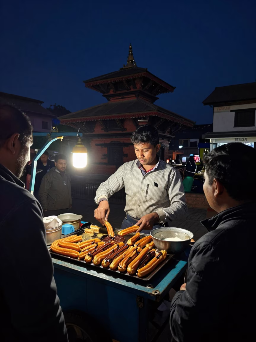 Cooking Churros in Kathmandu at The Deepest Night Sky Light in in Kathmandu, Nepal