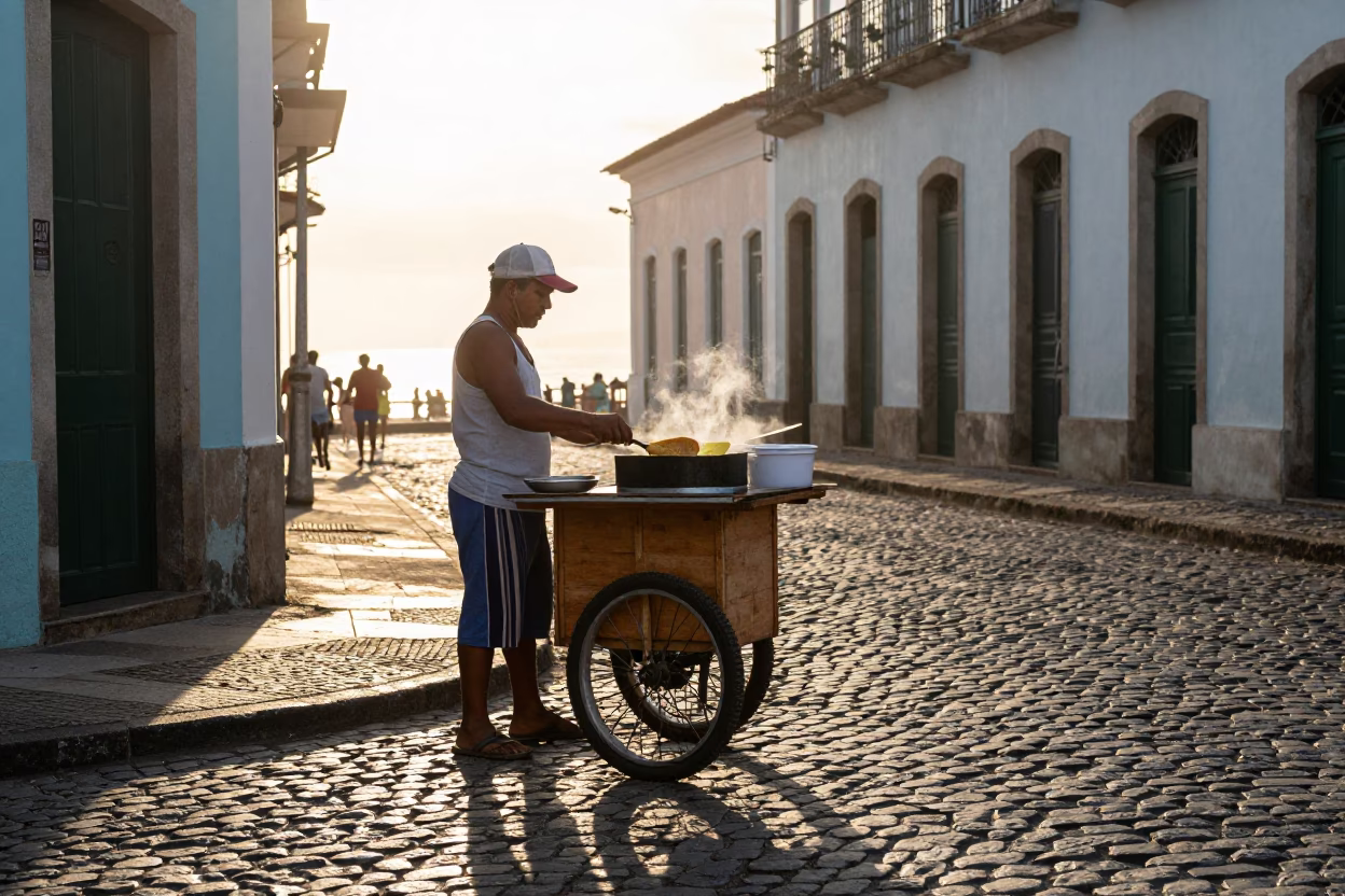 Cooking Crepes just after sunrise in Salvador in in Salvador, Brazil