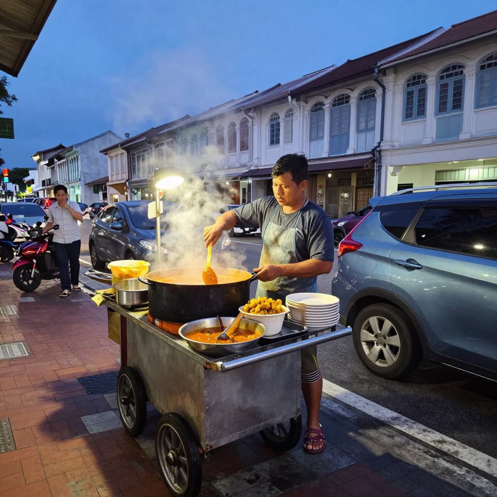 Cooking Curry in George Town at Twilight in in George Town, Malaysia