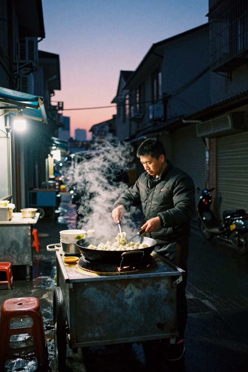 Cooking Dumplings in Shanghai at Indigo Twilight After Sunset in in Shanghai, China