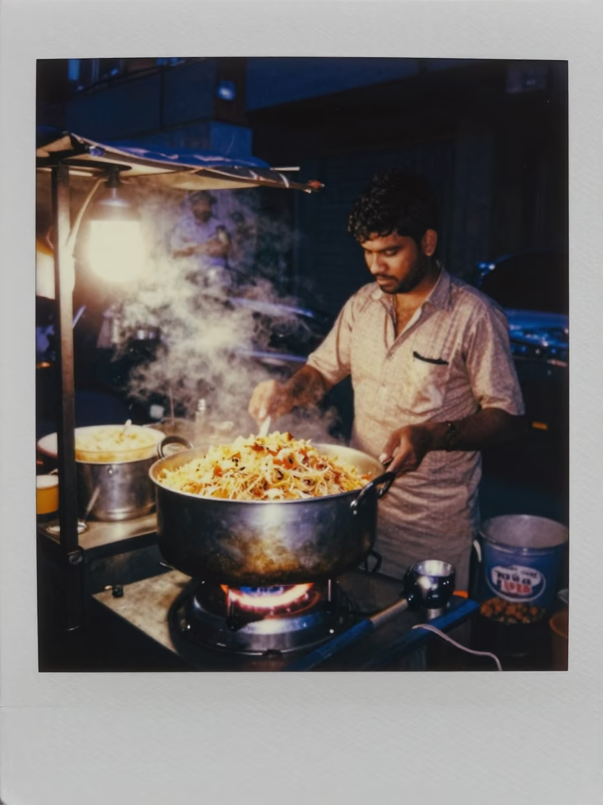 Cooking Koshari in Mumbai at The Predawn Darkness Light in in Mumbai, India