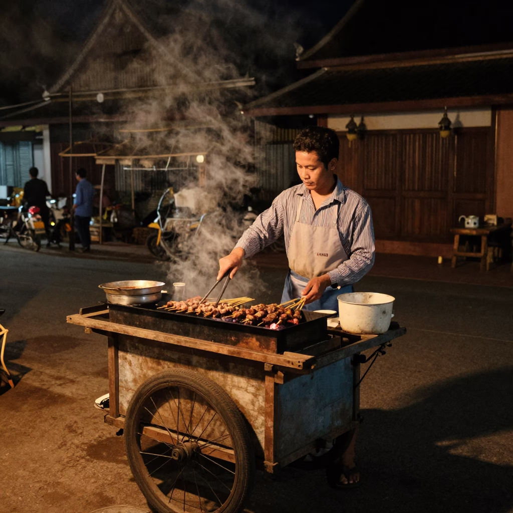 Cooking Late in Luang Prabang at Deep In The Night Light in in Luang Prabang, Laos