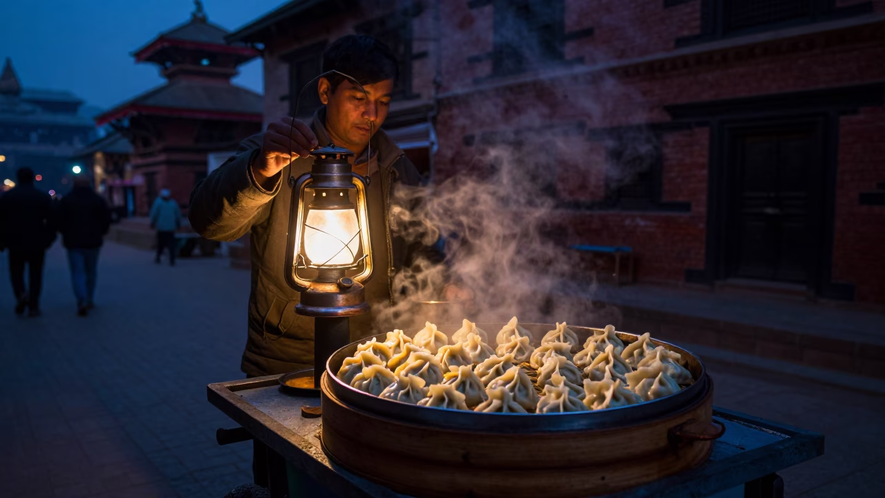 Cooking Momos in Kathmandu at The Predawn Darkness Light in in Kathmandu, Nepal