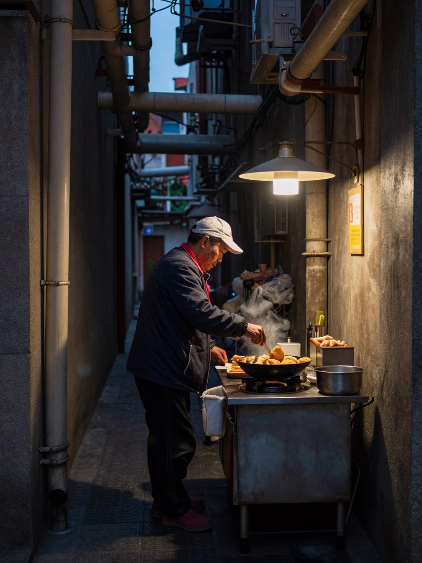 Cooking Palmiers in Shanghai at The Predawn Darkness Light in in Shanghai, China