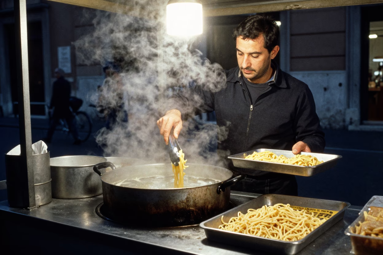 Cooking Pasta in Rome at Late At Night Light in in Rome, Italy