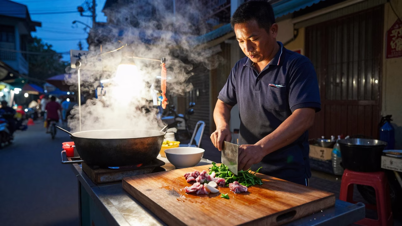 Cooking Pho in Hanoi at Blue Hour in in Hanoi, Vietnam