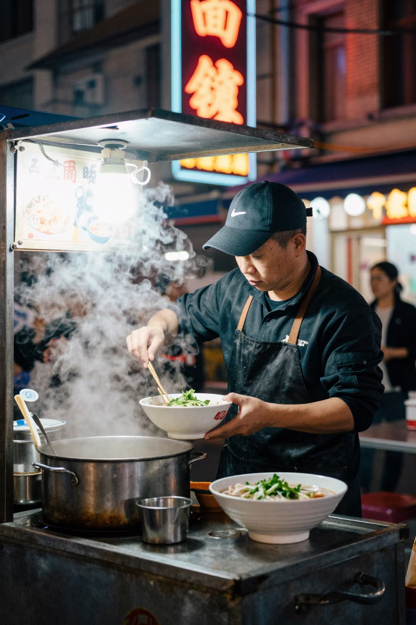 Cooking Pho in Shanghai at Deep In The Night Light in in Shanghai, China