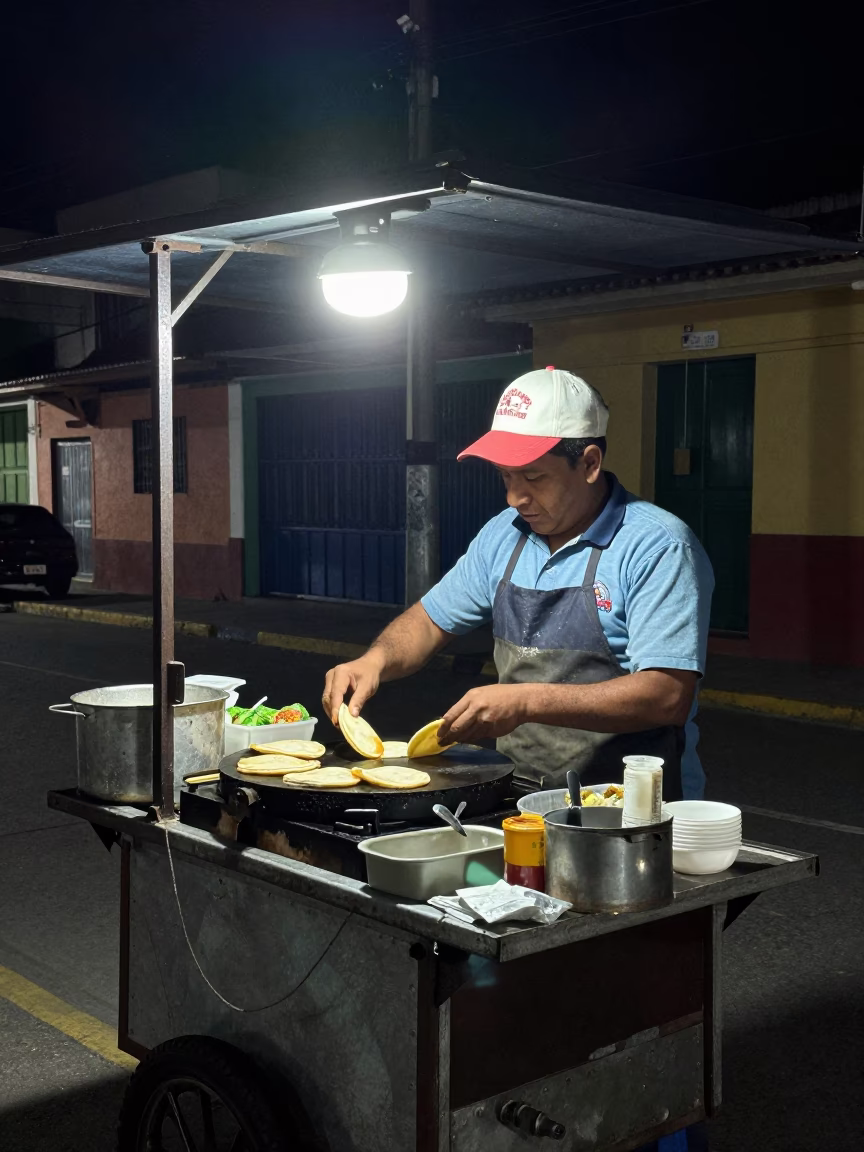 Cooking Pupusas at Deep In The Night Light in Medellin in in Medellin, Colombia