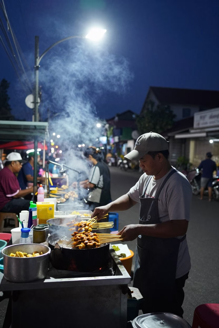 Cooking Satay in Denpasar in in Denpasar, Indonesia